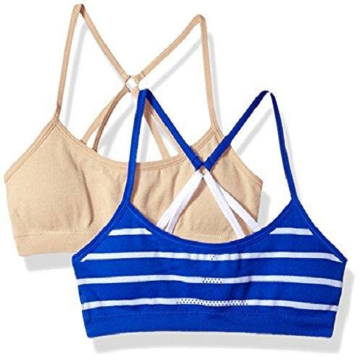 Hanes Girls' Big ComfortFlex Fit Seamless Racerback 2-Pack Bra, MHH153 Nude/Flight Blue with White Stripe X-Large